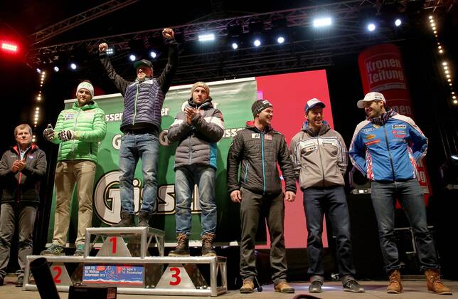 ALPINE SKIING - FIS WC Hinterstoder HINTERSTODER,AUSTRIA,27.FEB.16 - ALPINE SKIING - FIS World Cup, Super G, men. Image shows Bostjan Kline (SLO), Aleksander Aamodt Kilde (NOR), Marcel Hirscher (AUT), Vincent Kriechmayr (AUT), Carlo Janka (SUI) and Adrien Theaux (FRA). Keywords: Stoeckli, award ceremony. GEPAxpictures xM.xOberlaender