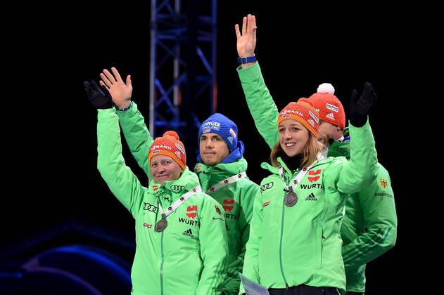 BIATHLON - IBU World Championships OSLO,NORWAY,03.MAR.16 - BIATHLON - IBU World Championships, relay 2x6km ladies and 2x7.5km men, mixed team, award ceremony. Image shows Franziska Hildebrand, Simon Schempp, Franziska Preuss and Arnd Peiffer (GER). Keywords: medal. GEPAxpictures xFlorianxErtl