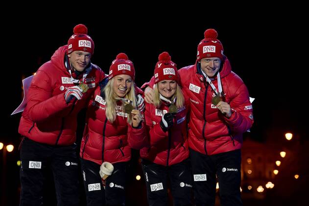 BIATHLON - IBU World Championships OSLO,NORWAY,03.MAR.16 - BIATHLON - IBU World Championships, relay 2x6km ladies and 2x7.5km men, mixed team, award ceremony. Image shows Tarjei Boe, Tiril Eckhoff, Marte Olsbu and Johannes Thingnes Boe (NOR). Keywords: medal. GEPAxpictures xFlorianxErtl