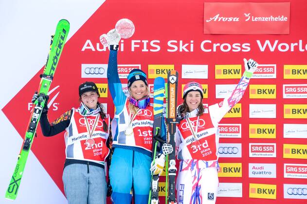 SKI CROSS - FIS SX WC Arosa AROSA,SWITZERLAND,04.MAR.16 - FREESTYLE SKIING - FIS World Cup, Ski Cross, ladies, men, award ceremony for the overall World Cup. Image shows Marielle Thompson (CAN), Anna Holmlund (SWE) and Alizee Baron (FRA). Keywords: crystal globe, trophy, medal. GEPAxpictures xOliverxLerch
