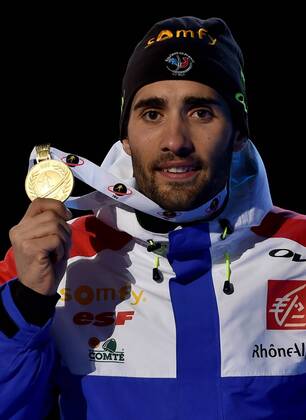 BIATHLON - IBU WC Oslo 2016 OSLO,NORWAY,05.MAR.16 - BIATHLON - IBU World Championships, 10km sprint, men, award ceremony. Image shows Martin Fourcade (FRA). Keywords: medal. GEPAxpictures xFlorianxErtl