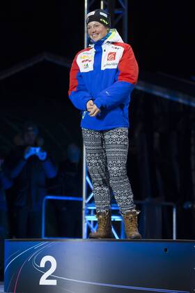 05.03.2016. Oslo Holmenkollen, Oslo, Norway. IBU Biathlon World Cup. Day One. Marie Dorin Habert of France second place winner of ladies 7.5km at the medal ceremony during the IBU World Championships Biathlon in Holmenkollen Oslo, Norway. xNigelxWaldronx  ActionPlus11715018