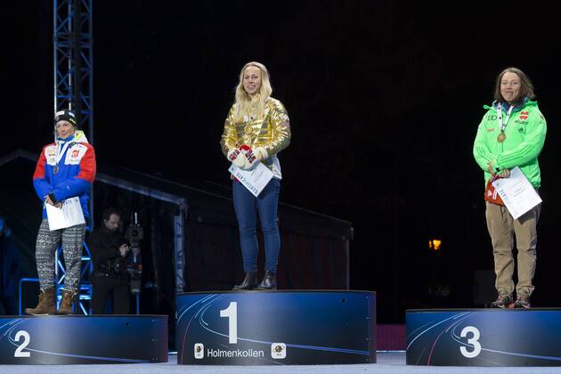 05.03.2016. Oslo Holmenkollen, Oslo, Norway. IBU Biathlon World Cup. Day One. Marie Dorin Habert of France second place, Tiril Eckhoff of Norway first place and Laura Dahlmeier of Germany third place winner of ladies 7.5km medal ceremony during the IBU World Championships Biathlon in Holmenkollen Oslo, Norway. xNigelxWaldronx  ActionPlus11715023