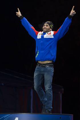 05.03.2016. Oslo Holmenkollen, Oslo, Norway. IBU Biathlon World Cup. Day One. Martin Fourcade of France winner of men 10km medal at the ceremony during the IBU World Championships Biathlon in Holmenkollen Oslo, Norway. xNigelxWaldronx  ActionPlus11715033