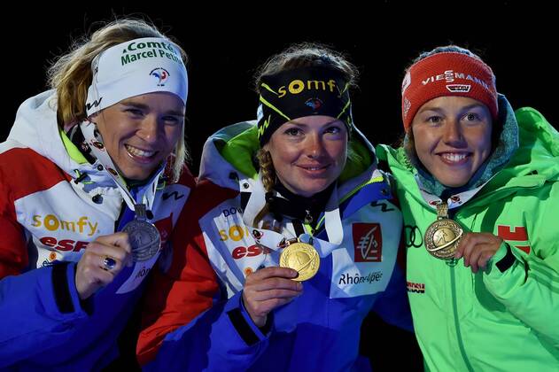 BIATHLON - IBU WC Oslo 2016 OSLO,NORWAY,09.MAR.16 - BIATHLON - IBU World Championships, 15km individual, ladies, award ceremony. Image shows Anais Bescond, Marie Dorin Habert (FRA) and Laura Dahlmeier (GER). Keywords: medal. GEPAxpictures xFlorianxErtl