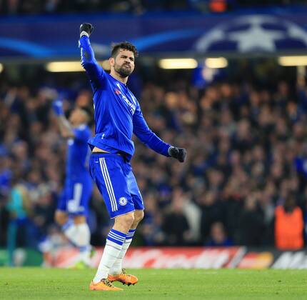 Chelsea s Diego Costa celebrates scoring his sides opening goal - UEFA Champions League - Chelsea vs Paris Saint Germain - Stamford Bridge - London - England - 9th March 2016 - Pic David Klein Sportimage EDITORIAL USE ONLY. No use with unauthorised audio, video, data, fixture lists, club league logos or live services. Online in-match use limited to 120 images, no video emulation. No use in betting, games or single club league player publications.