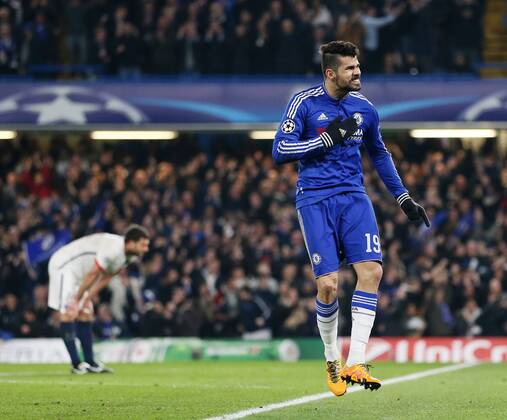 Chelsea s Diego Costa celebrates scoring his sides opening goal - UEFA Champions League - Chelsea vs Paris Saint Germain - Stamford Bridge - London - England - 9th March 2016 - Pic David Klein Sportimage EDITORIAL USE ONLY. No use with unauthorised audio, video, data, fixture lists, club league logos or live services. Online in-match use limited to 120 images, no video emulation. No use in betting, games or single club league player publications.