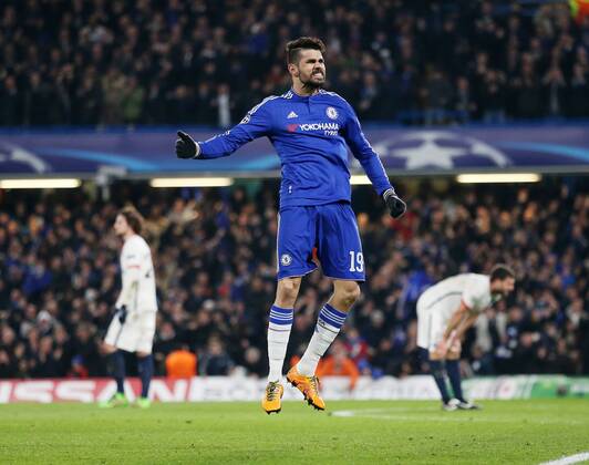 Chelsea s Diego Costa celebrates scoring his sides opening goal - UEFA Champions League - Chelsea vs Paris Saint Germain - Stamford Bridge - London - England - 9th March 2016 - Pic David Klein Sportimage EDITORIAL USE ONLY. No use with unauthorised audio, video, data, fixture lists, club league logos or live services. Online in-match use limited to 120 images, no video emulation. No use in betting, games or single club league player publications.