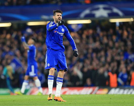 Chelsea s Diego Costa celebrates scoring his sides opening goal - UEFA Champions League - Chelsea vs Paris Saint Germain - Stamford Bridge - London - England - 9th March 2016 - Pic David Klein Sportimage EDITORIAL USE ONLY. No use with unauthorised audio, video, data, fixture lists, club league logos or live services. Online in-match use limited to 120 images, no video emulation. No use in betting, games or single club league player publications.