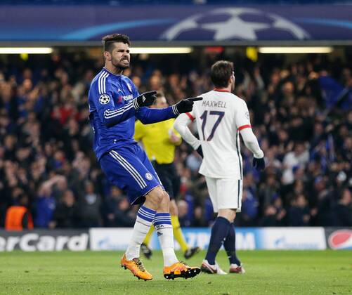 Chelsea s Diego Costa celebrates scoring his sides opening goal - UEFA Champions League - Chelsea vs Paris Saint Germain - Stamford Bridge - London - England - 9th March 2016 - Pic David Klein Sportimage EDITORIAL USE ONLY. No use with unauthorised audio, video, data, fixture lists, club league logos or live services. Online in-match use limited to 120 images, no video emulation. No use in betting, games or single club league player publications.