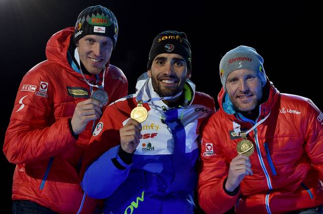 BIATHLON - IBU WC Oslo 2016 OSLO,NORWAY,10.MAR.16 - BIATHLON - IBU World Championships, 20km individual, men, award ceremony. Image shows Dominik Landertinger (AUT), Martin Fourcade (FRA) and Simon Eder (AUT). Keywords: medal. GEPAxpictures xFlorianxErtl