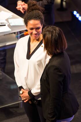 GER, Verleihung Integrationspreis 14.03.2016, Dortmund, Deutsches Fussball Museum, Verleihung des Integrationspreises, im Bild Celia Sasic ( DFB-Integrationsbotschafterin) im Gespräch auf der Bühne nphxRauch