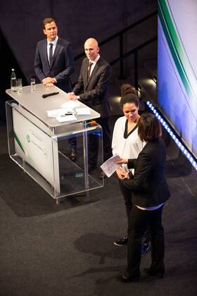 GER, Verleihung Integrationspreis 14.03.2016, Dortmund, Deutsches Fussball Museum, Verleihung des Integrationspreises, im Bild Oliver Bierhoff (Manager Nationalmannschaft), Dirk Jakobs (Daimler AG) Celia Sasic ( DFB-Integrationsbotschafterin) nphxRauch