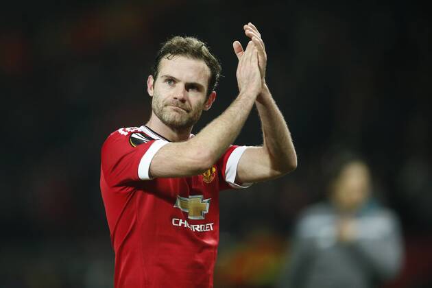Juan Mata of Manchester United ManU applauds the fans during the UEFA Europa League match at Old Trafford. Photo credit should read: Philip Oldham Sportimage EDITORIAL USE ONLY. No use with unauthorised audio, video, data, fixture lists, club league logos or live services. Online in-match use limited to 120 images, no video emulation. No use in betting, games or single club league player publications.