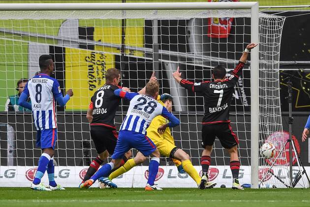 Leverkusen Lars Bender (Bayer 04 Leverkusen 8) mit dem Tor zum 2:0 gegen Torwart Rune Jarstein (Hertha BSC 22) mit Javier Chicharito Hernandez (Bayer 04 Leverkusen 7), Salomon Kalou (Hertha BSC 8) und Kapitaen Fabian Lustenberger (Hertha BSC 28)beim Bundesliga Spiel zwischen Bayer 04 Leverkusen und Hertha BSC am 30.04.2016, Copyright: Schuelerx xEibnerx-xPressefoto EP_JSE