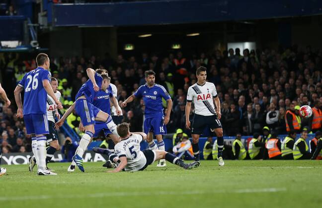 Chelsea s Gary Cahill scoring his sides opening goal during the Barclays Premier League match at Stamford Bridge Stadium. Photo credit should read: David Klein Sportimage EDITORIAL USE ONLY. No use with unauthorised audio, video, data, fixture lists, club league logos or live services. Online in-match use limited to 120 images, no video emulation. No use in betting, games or single club league player publications.
