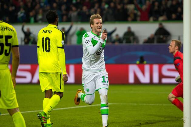 Fußball, UEFA Champions League, VfL Wolfsburg - KAA Gent; wAndre Schürrle (Wolfsburg, 17)Jubel, Torjubel, Freude, Emotion, Torerfolg, Aktion, action, goal, goal celebration, celebrates. xtgx
