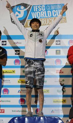 CLIMBING - IFCS World Cup 2016 INNSBRUCK,AUSTRIA,21.MAY.16 -CLIMBING - IFSC Climbing World Cup, bouldering, men, award ceremony. Image shows Jongwon Chon (KOR). GEPAxpictures xAndreasxPranter