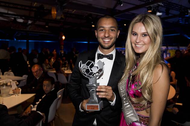 Mechelen s Sofiane Hanni and Lenty Frans celebrate after winning the first edition of the Professional Soccer Player of the Year 2016 gala evening, Monday 23 May 2016, in Gent. JASPERxJACOBS  x04856689x