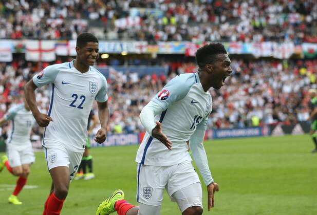 Daniel Sturridge of England celebrates scoring the winning goal during the UEFA European Championship EM Europameisterschaft 2016 match at the Stade Felix Bollaert-Delelis, Lens. Picture date June 16th, 2016 Pic David Klein Sportimage EDITORIAL USE ONLY. No use with unauthorised audio, video, data, fixture lists, club league logos or live services. Online in-match use limited to 120 images, no video emulation. No use in betting, games or single club league player publications.