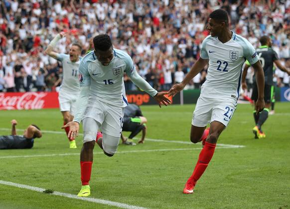 Daniel Sturridge of England celebrates scoring the winning goal during the UEFA European Championship EM Europameisterschaft 2016 match at the Stade Felix Bollaert-Delelis, Lens. Picture date June 16th, 2016 Pic David Klein Sportimage EDITORIAL USE ONLY. No use with unauthorised audio, video, data, fixture lists, club league logos or live services. Online in-match use limited to 120 images, no video emulation. No use in betting, games or single club league player publications.