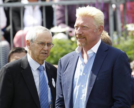 17.06.2016. Queens Club, London, England. Aegon Queens Tennis Championships Day Five. The tournament celebrated its four time champions on Centre Court this afternoon with presentations of quarter sized trophies to four-time champions Boris Becker, John McEnroe, Roy Emerson and Lleyton Hewitt. Pictured are Roy Emerson and Boris Becker. xAlanxMartinx  ActionPlus11750659
