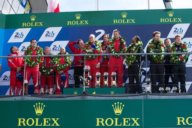 19.06.2016. Le Mans Circuit, Le Mans, France. Le Mans 24 Hours Race. LMGTE Am podium, Scuderia Corsa drivers Bill Sweedler, Townsend Bell and Jeff Segal. from AF Corse Francois Perrodo, Emmanuel Collard and Rui Aguas and Abu Dhabi-Proton Racing drivers Khaled Al Qubaisi, Patrick Long and David Heinemeier Hansson third. xTimxWilliamsx  ActionPlus11751896