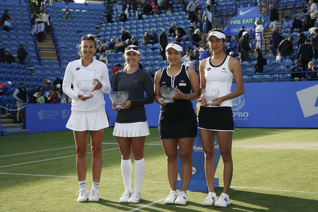 25.06.2016 Eastbourne, England. Aegon International Eastbourne Tennis Tournament Darija Jurak (CRO) and Anastasia Rodionova (AUS) defeat Hao-Ching Chan (TPE) and Yung-Jan Chan (TPE) by a score of 5-7,7-6, 10-6 in their Women& x2019;s Doubles Match at Devonshire Park. xHongboxChenx  ActionPlus11754507