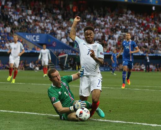 Raheem Sterling of England brought down to earn a penalty by Hannes Halldorsson of Iceland during the Euro 2016 UEFA European Championship EM, Nationalteam, Europameisterschaft match at the Stadium Nice, Nice. Picture date June 27th, 2016 Pic Phil Oldham Sportimage EDITORIAL USE ONLY. No use with unauthorised audio, video, data, fixture lists, club league logos or live services. Online in-match use limited to 120 images, no video emulation. No use in betting, games or single club league player publications.