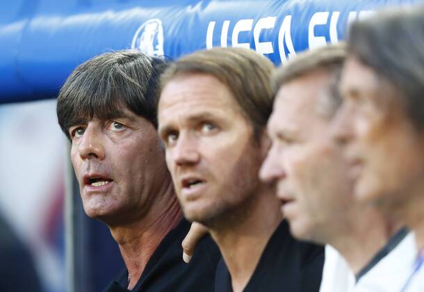 DFB Bundestrainer Joachim Jogi LOEW, LÖW, Thomas SCHNEIDER, DFB Co-Trainer, Assistenztrainer, Andreas KOEPKE , Torwarttrainer DFB , Dr. Hans-Wilhelm Müller-Wohlfahrt, DFB Mannschaftsarzt, singt, singen Hymne, Nationalhymne, Song, Deutschlandlied GERMANY - ITALY Quarterfinal,Football European Championships EURO at 02 nd of July, 2016 in Bordeaux, France. Fussball, Nationalteam, Italien Deutschland, Viertelfinale