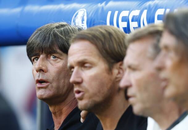 DFB Bundestrainer Joachim Jogi LOEW, LÖW, Thomas SCHNEIDER, DFB Co-Trainer, Assistenztrainer, Andreas KOEPKE , Torwarttrainer DFB , Dr. Hans-Wilhelm Müller-Wohlfahrt, DFB Mannschaftsarzt, singt, singen Hymne, Nationalhymne, Song, Deutschlandlied GERMANY - ITALY Quarterfinal,Football European Championships EURO at 02 nd of July, 2016 in Bordeaux, France. Fussball, Nationalteam, Italien Deutschland, Viertelfinale