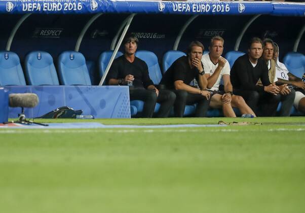 DFB Bundestrainer Joachim Jogi LOEW, LÖW,Thomas SCHNEIDER, DFB Co-Trainer, AssistenztrainerDr. Hans-Wilhelm Müller-Wohlfahrt, DFB Mannschaftsarzt, Emotionen, enttaeuscht, Enttaeuschung, Frust, frustriert, Trauer ,traurig, verzweifelt, Verzweiflung GERMANY - FRANCE 0-2 Semifinal ,Football European Championships EURO at 07 July, 2016 in Marseille, France. Fussball, Nationalteam, Halbfinale,07.07.2016, Deutschland Frankreich