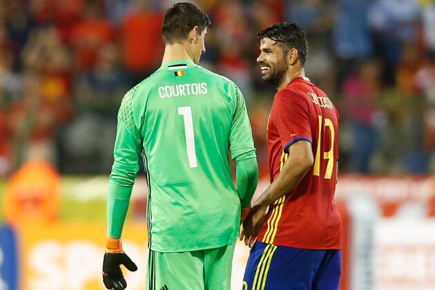 Belgium s goalkeeper Thibaut Courtois and Spain s Diego Costa pictured after a friendly match between Belgian national soccer team Red Devils and Spain, on Thursday 01 September 2016, in Brussels. BRUNOxFAHY x04923392x