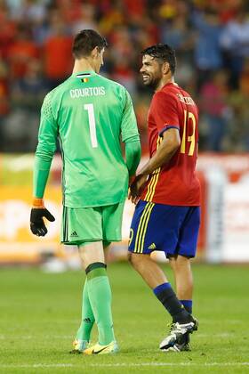 Belgium s goalkeeper Thibaut Courtois and Spain s Diego Costa pictured after a friendly match between Belgian national soccer team Red Devils and Spain, on Thursday 01 September 2016, in Brussels. BRUNOxFAHY x04923398x