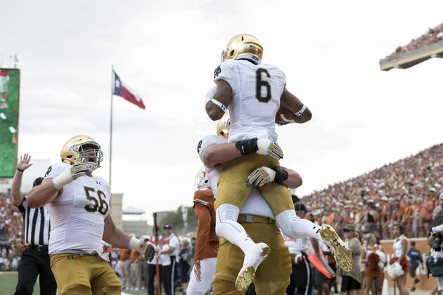 September 4, 2016: Notre Dame Fighting Irish offensive lineman Mike McGlinchey (68) celebrates with Notre Dame Fighting Irish wide receiver Equanimeous St. Brown (6) after a touchdown during the NCAA College League USA football game between the Notre Dame Fighting Irish and the Texas Longhorns at Darrell K Royal-Texas Memorial Stadium in Austin, TX; CSM. NCAA Football 2016: Notre Dame vs Texas SEP 04 - ZUMAc04_