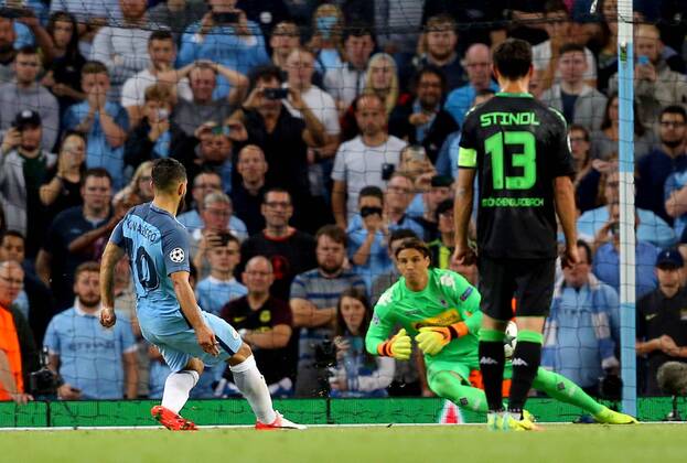 Sergio Aguero of Manchester City scores his second goal of the night from the penalty spot during the UEFA Champions League Group C match at The Etihad Stadium, Manchester. Picture date: September 14th, 2016. Pic Simon Bellis Sportimage EDITORIAL USE ONLY. No use with unauthorised audio, video, data, fixture lists, club league logos or live services. Online in-match use limited to 120 images, no video emulation. No use in betting, games or single club league player publications.