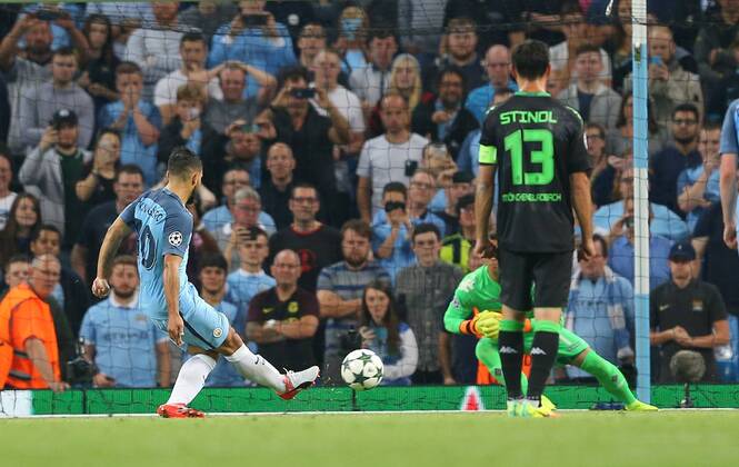 Sergio Aguero of Manchester City scores his second goal of the night from the penalty spot during the UEFA Champions League Group C match at The Etihad Stadium, Manchester. Picture date: September 14th, 2016. Pic Simon Bellis Sportimage EDITORIAL USE ONLY. No use with unauthorised audio, video, data, fixture lists, club league logos or live services. Online in-match use limited to 120 images, no video emulation. No use in betting, games or single club league player publications.