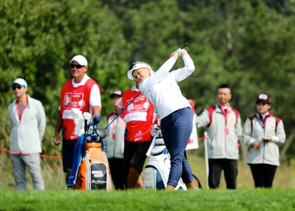 BEIJING, CHINA - SEPTEMBER 29: Brooke M. Henderson of Canada in action during the 1st round of the 2016 Reignwood LPGA Golf Damen Classic at Reignwood golf club on September 29, 2016 in Beijing, China. CFP492963934