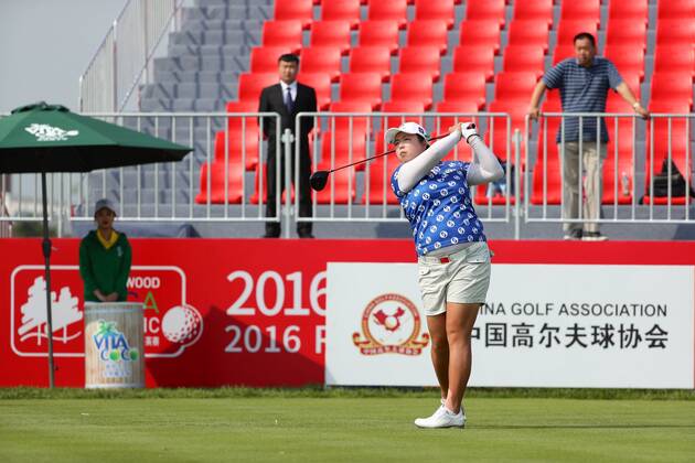 BEIJING, CHINA - SEPTEMBER 29: Feng Shanshan of China in action during the 1st round of the 2016 Reignwood LPGA Golf Damen Classic at Reignwood golf club on September 29, 2016 in Beijing, China. CFP492963930
