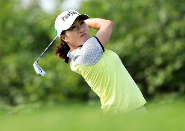 BEIJING, CHINA - SEPTEMBER 30: Jennifer Song of the United States in action during the second round of the 2016 Reignwood LPGA Golf Damen Classic at Reignwood golf club on September 30, 2016 in Beijing, China. CFP493033736
