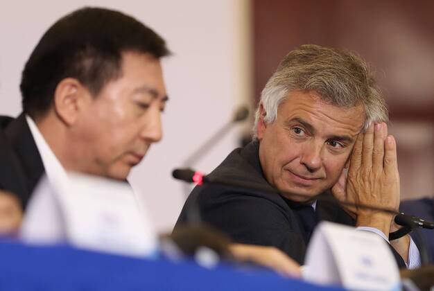 (161012) -- BEIJING, Oct. 12. 2016 -- IOC Vice-President Juan Antonio Samaranch Salisachs (R) attends the press conference PK Pressekonferenz for the 1st Meeting of the IOC Coordination Commission for the XXIV Olympic Winter games Winterspiele Spiele Summer games Beijing 2022 in Beijing, capital of China, Oct. 12, 2016. ) (SP)CHINA-BEIJING-2022 OLYMPIC WINTER GAMES-IOC COORDINATION COMMISSION-PRESS CONFERENCE (CN) WangxLili 