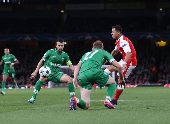 Arsenal s Alexis Sanchez scoring his sides opening goal during the Champions League group A match at the Emirates Stadium, London. Picture date October 19th, 2016 Pic David Klein Sportimage EDITORIAL USE ONLY. No use with unauthorised audio, video, data, fixture lists, club league logos or live services. Online in-match use limited to 120 images, no video emulation. No use in betting, games or single club league player publications.