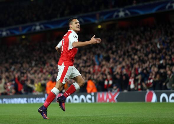 Arsenal s Alexis Sanchez celebrates scoring his sides opening goal during the Champions League group A match at the Emirates Stadium, London. Picture date October 19th, 2016 Pic David Klein Sportimage EDITORIAL USE ONLY. No use with unauthorised audio, video, data, fixture lists, club league logos or live services. Online in-match use limited to 120 images, no video emulation. No use in betting, games or single club league player publications.