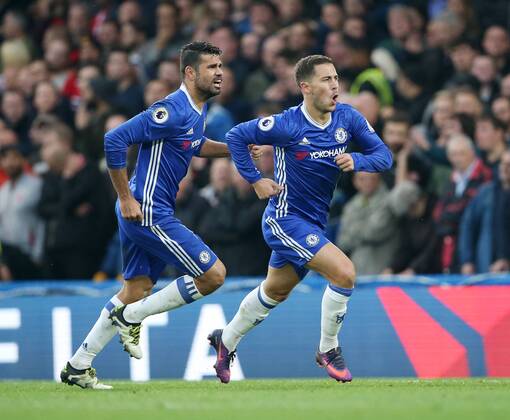 Chelsea s Eden Hazard celebrates scoring his sides third goal during the Premier League match at the Stamford Bridge Stadium, London. Picture date October 23rd, 2016 Pic David Klein Sportimage EDITORIAL USE ONLY. No use with unauthorised audio, video, data, fixture lists, club league logos or live services. Online in-match use limited to 120 images, no video emulation. No use in betting, games or single club league player publications.