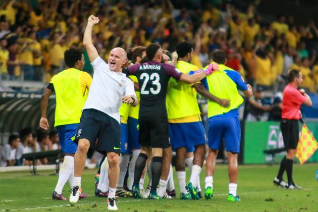 Brasil x Argentina BELO HORIZONTE, MG - 10.11.2016: BRASIL X ARGENTINA - Bench players and coaching staff celebrate the first goal of Brazil, marked by Phillippe Coutinho during Brazil x Argentina, a match valid for the qualifiers of the World Cup 2018 in Mineirao Stadium in Belo Horizonte, MG. (Photo: Dudu Macedo Fotoarena) x1228465x  DuduxMacedo