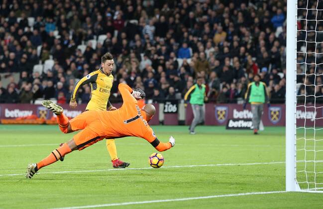 Arsenal s Mesut Ozil scoring his sides opening goal during the Premier League match at the London Stadium, London. Picture date December 3rd, 2016 Pic David Klein Sportimage EDITORIAL USE ONLY. No use with unauthorised audio, video, data, fixture lists, club league logos or live services. Online in-match use limited to 120 images, no video emulation. No use in betting, games or single club league player publications.