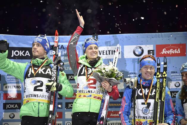 28.12.2016, xkhx, Gelsenkirchen, Veltins-Arena JOKA Biathlon World Team Challenge 2016 Sieger 1. Platz Vanessa Hinz und Simon Schempp (Team Deutschland)