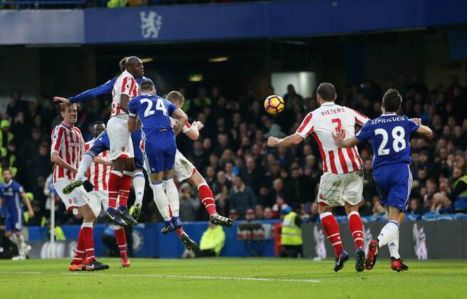 Chelsea s Gary Cahill scoring his sides opening goal during the Premier League match at Stamford Bridge Stadium, London. Picture date December 31st, 2016 Pic David Klein Sportimage EDITORIAL USE ONLY. No use with unauthorised audio, video, data, fixture lists, club league logos or live services. Online in-match use limited to 120 images, no video emulation. No use in betting, games or single club league player publications.