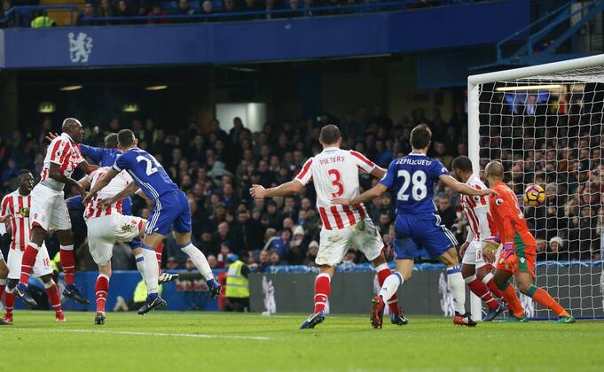 Chelsea s Gary Cahill scoring his sides opening goal during the Premier League match at Stamford Bridge Stadium, London. Picture date December 31st, 2016 Pic David Klein Sportimage EDITORIAL USE ONLY. No use with unauthorised audio, video, data, fixture lists, club league logos or live services. Online in-match use limited to 120 images, no video emulation. No use in betting, games or single club league player publications.