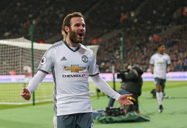 Manchester United ManU s Juan Mata celebrates scoring his sides opening goal during the Premier League match at the London Stadium, London. Picture date January 2nd, 2017 Pic David Klein Sportimage EDITORIAL USE ONLY. No use with unauthorised audio, video, data, fixture lists, club league logos or live services. Online in-match use limited to 120 images, no video emulation. No use in betting, games or single club league player publications.